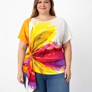 Stylewe 2XL Yellow Red Floral‎ Abstract Tie Hem Top Short Sleeve Resort Blouse